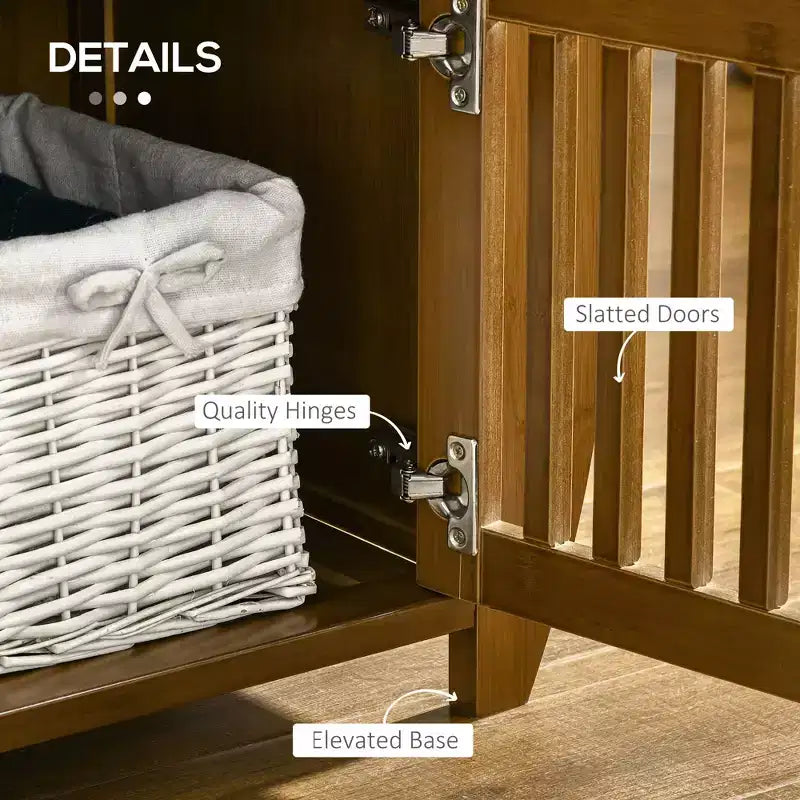Banc à Chaussures avec Meubles de Rangement, Banc d'entrée en Bambou avec Coussin d'assise, 3 Portes et Compartiment Caché pour Couloir Cerise