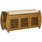 Shoe Bench with Storage Cabinets, Bamboo Entryway Bench with Seating Cushion, 3 Doors and Hidden Compartment for Hallway Cherry