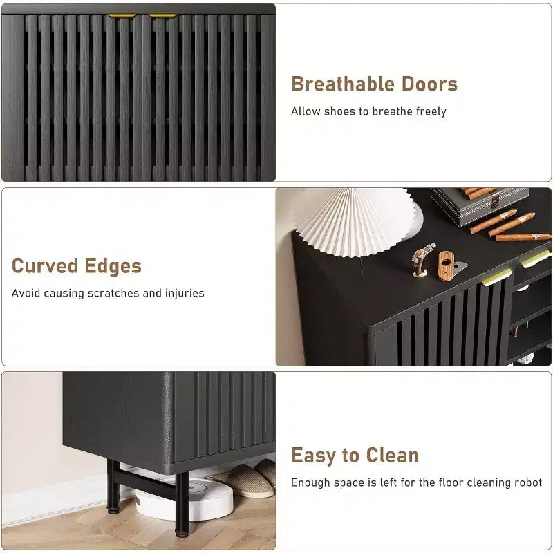 Meuble à chaussures en bois avec portes persiennes, étagère à chaussures étroite et autonome pour entrée et couloir, peut contenir 24 paires de chaussures.