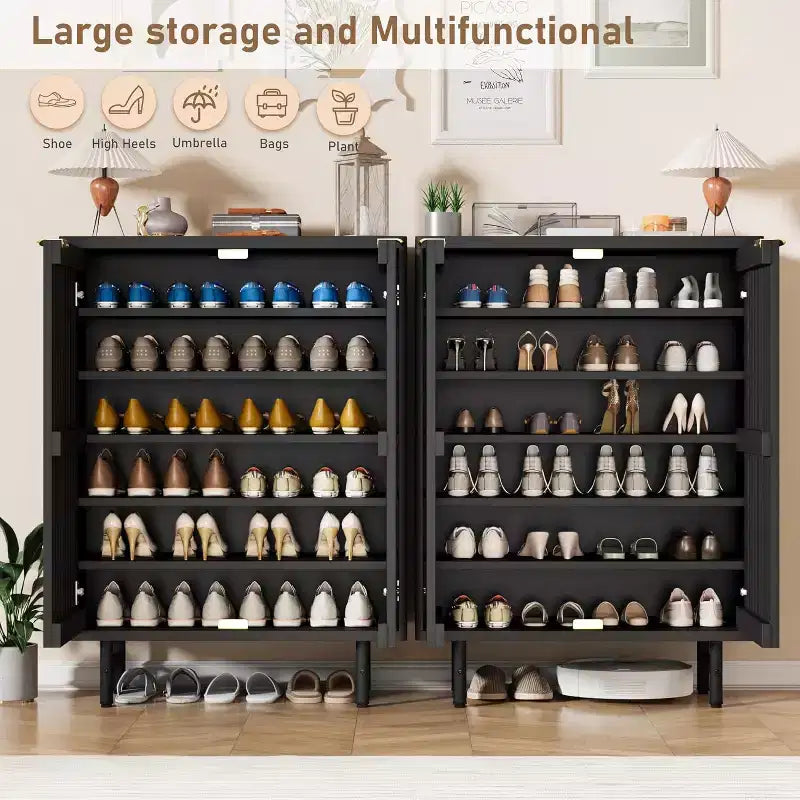 Meuble à chaussures en bois avec portes persiennes, étagère à chaussures étroite et autonome pour entrée et couloir, peut contenir 24 paires de chaussures.