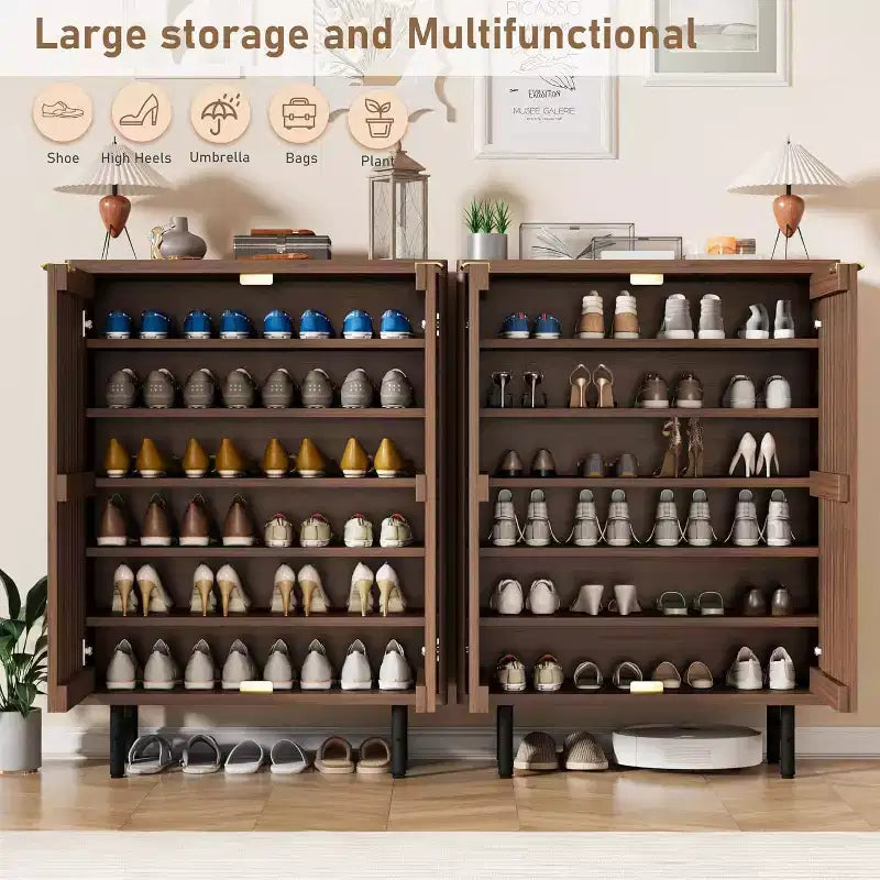 Meuble à chaussures en bois avec portes persiennes, étagère à chaussures étroite et autonome pour entrée et couloir, peut contenir 24 paires de chaussures.