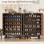 Meuble à chaussures en bois avec portes persiennes, étagère à chaussures étroite et autonome pour entrée et couloir, peut contenir 24 paires de chaussures.