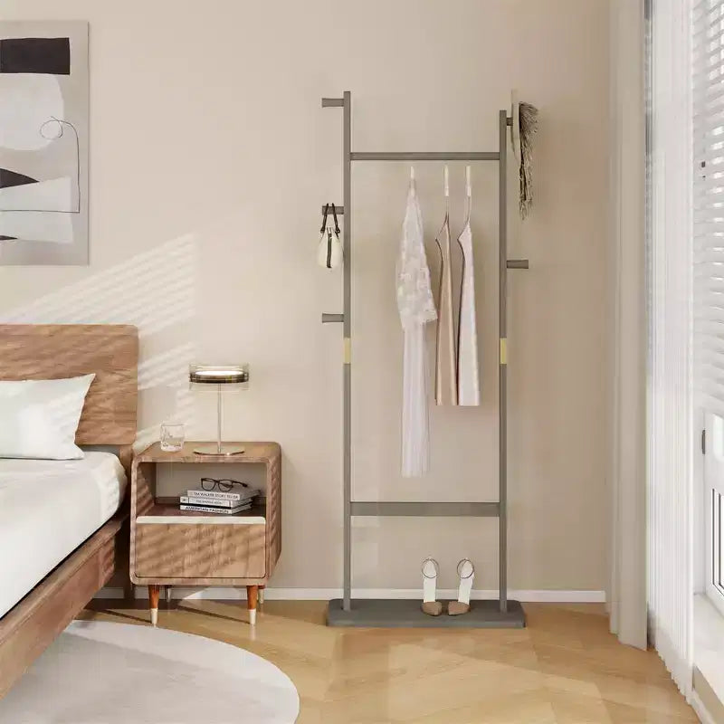 Freestanding Wooden Coat Rack Stand, Coat Tree with 5 Hooks and 2 Hangers, Jacket Holder for Entryway, Bedroom, or Office
