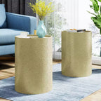 Okak Modern Round End Table with Hammer Marks, Cylindrical Side Table with Groove Design, Couch Table for Living Room, Bedroom, Set of 2