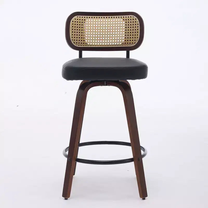Set di 3 sgabelli da bar girevoli ad altezza bancone Homy Casa, schienale in rattan con seduta imbottita, gambe in legno di noce, altezza seduta 65 cm