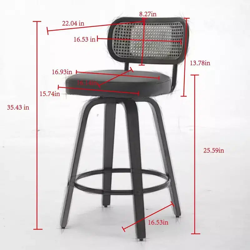 Set di 3 sgabelli da bar girevoli ad altezza bancone Homy Casa, schienale in rattan con seduta imbottita, gambe in legno di noce, altezza seduta 65 cm