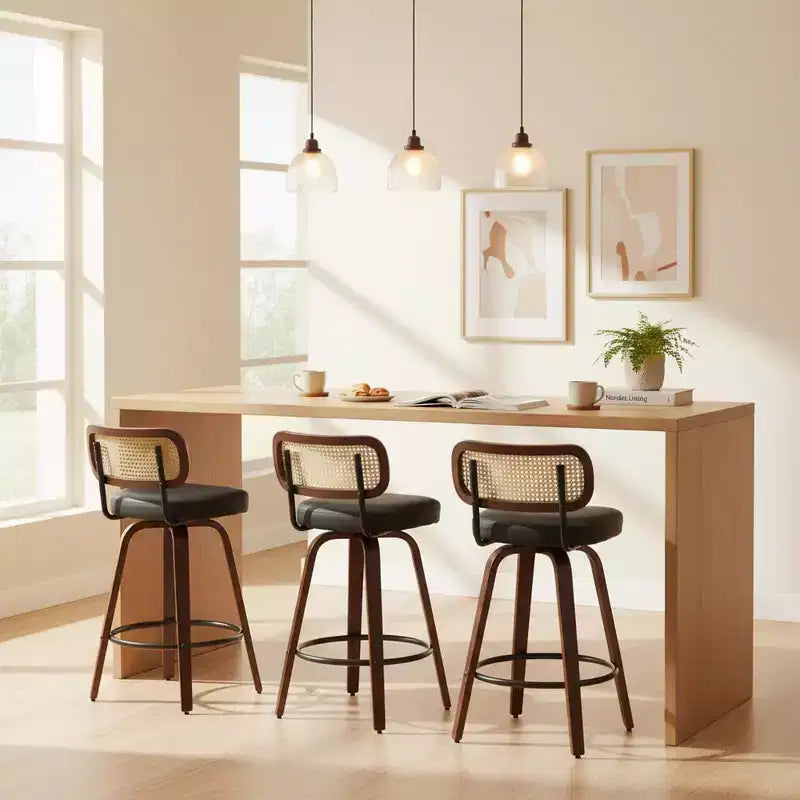 Set di 3 sgabelli da bar girevoli ad altezza bancone Homy Casa, schienale in rattan con seduta imbottita, gambe in legno di noce, altezza seduta 65 cm