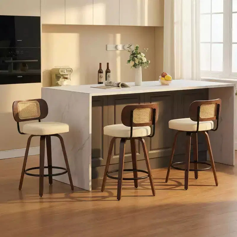 Homy Casa Set of 3 Counter Height Swivel Bar Stools, Rattan Back with Upholstered Seat, Walnut Wood Legs, 25.6 Seat Height