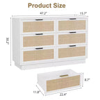 Cassettiera 6 cassetti in rattan, bianca larga 120 cm con maniglie in metallo e robusta base in legno per camera da letto, soggiorno, cameretta, cabina armadio