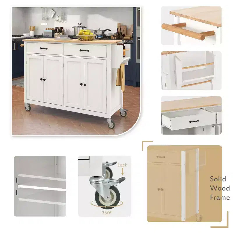 Okak Modrn Isola da Cucina con Anta a Ribalta e Ripiani Regolabili, Carrello da Cucina con Ruote e Cassetti, Mobile Contenitore Tavolo da Pranzo Pieghevole