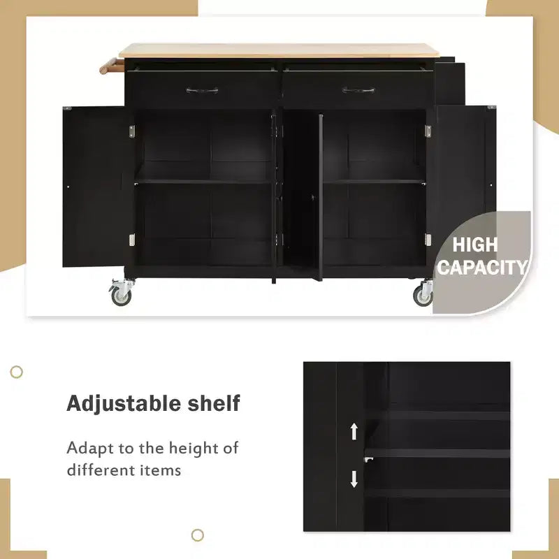 Okak Modrn Isola da Cucina con Anta a Ribalta e Ripiani Regolabili, Carrello da Cucina con Ruote e Cassetti, Mobile Contenitore Tavolo da Pranzo Pieghevole