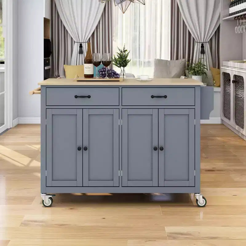 Îlot de cuisine moderne Okak avec abattant et étagères réglables, chariot de cuisine roulant avec roues et tiroirs, table à manger pliante avec armoire de rangement