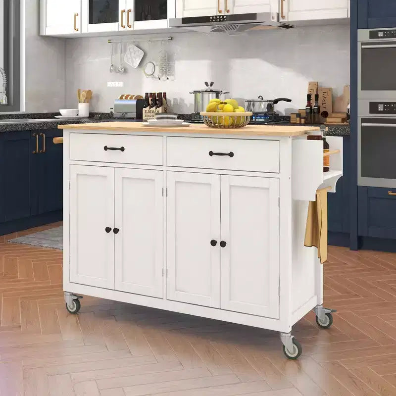 Îlot de cuisine moderne Okak avec abattant et étagères réglables, chariot de cuisine roulant avec roues et tiroirs, table à manger pliante avec armoire de rangement