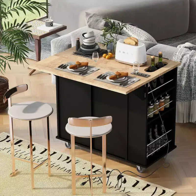 Okak Isola da Cucina Moderna con Anta a Ribalta e Ripiani Regolabili, Carrello da Cucina con Ruote, Ripiani e Cassetti, Mobile Contenitore Tavolo da Pranzo Pieghevole