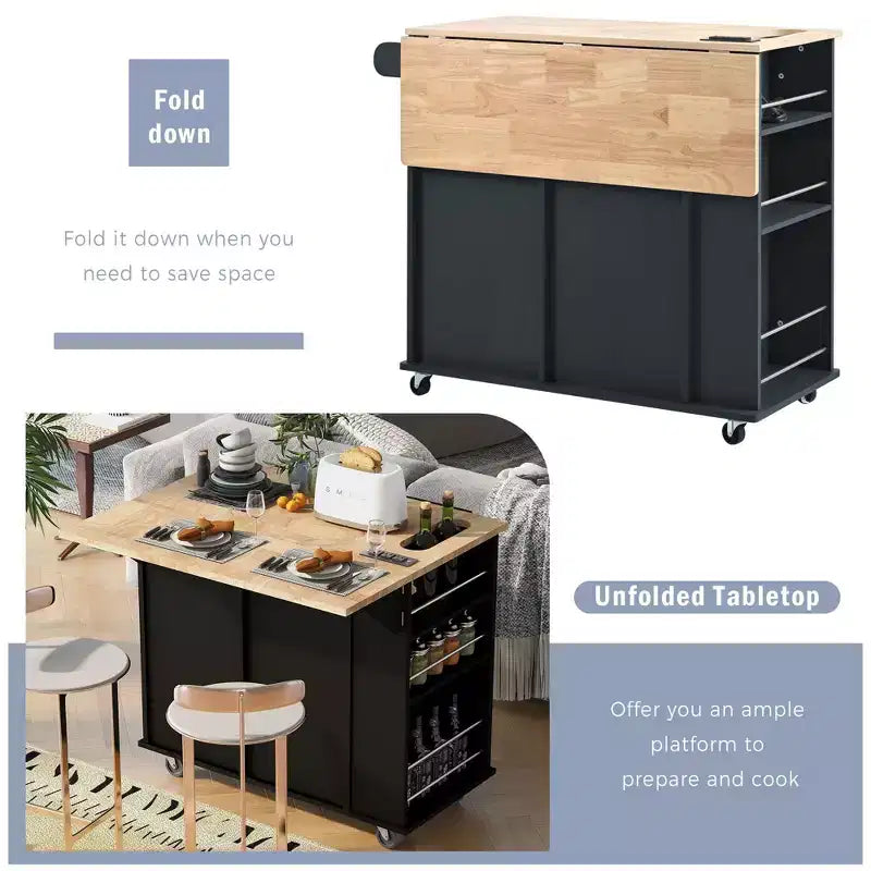 Okak Isola da Cucina Moderna con Anta a Ribalta e Ripiani Regolabili, Carrello da Cucina con Ruote, Ripiani e Cassetti, Mobile Contenitore Tavolo da Pranzo Pieghevole
