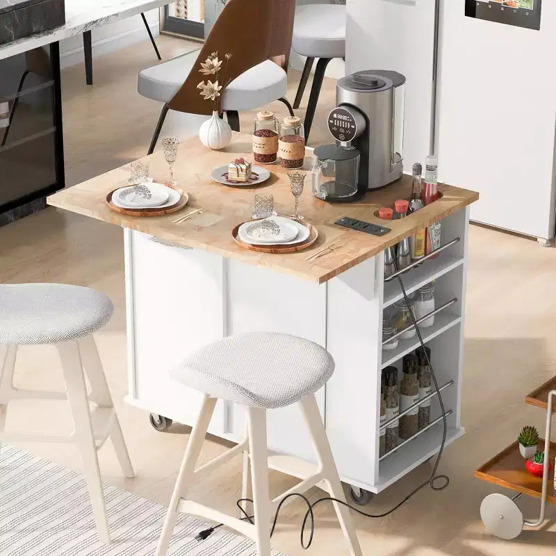 Okak Isola da Cucina Moderna con Anta a Ribalta e Ripiani Regolabili, Carrello da Cucina con Ruote, Ripiani e Cassetti, Mobile Contenitore Tavolo da Pranzo Pieghevole