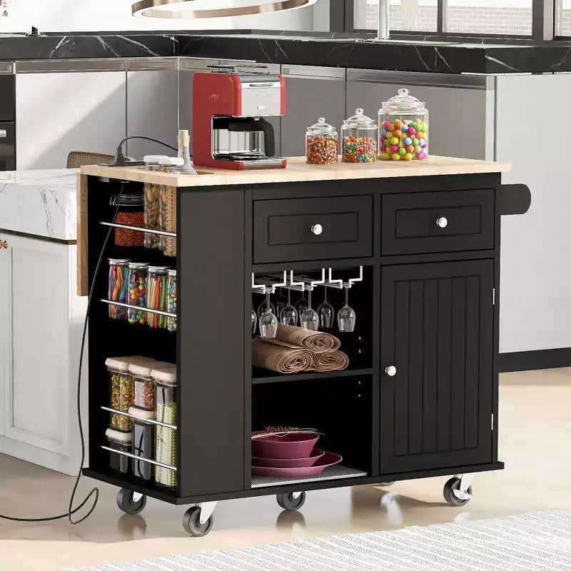 Okak Modrn Kitchen Island with Drop Leaf & Adjustable Racks,Rolling Kitchen Cart with Shelves & Drawers,Storage Cabinet Folding Dining Table