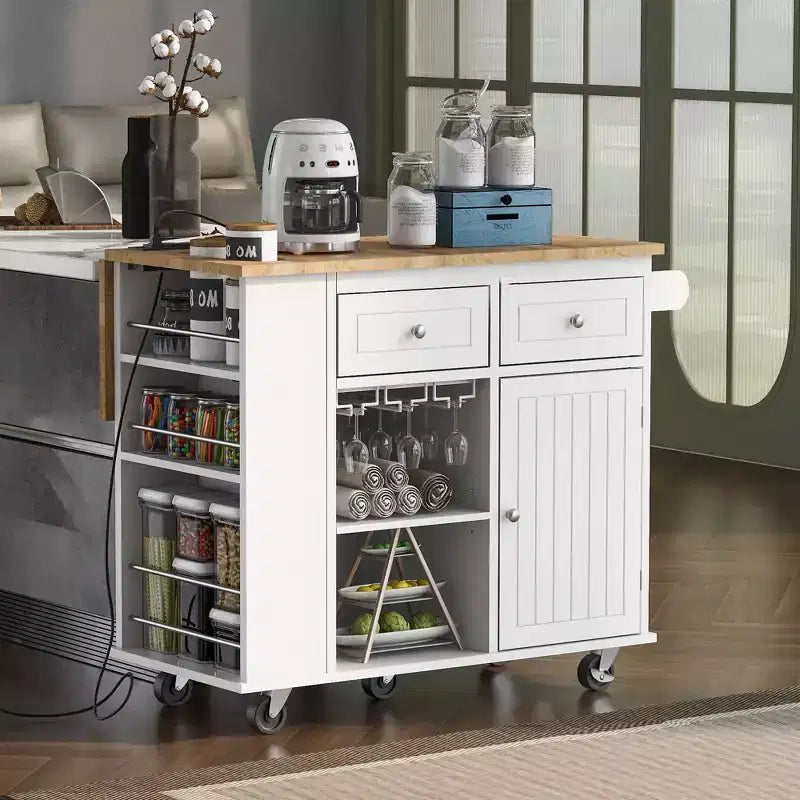 Îlot de cuisine moderne Okak avec abattant et étagères réglables, chariot de cuisine roulant avec étagères et tiroirs, table de salle à manger pliante avec armoire de rangement