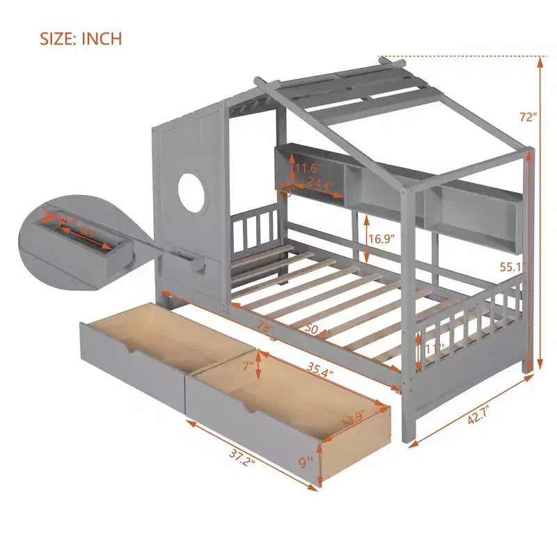 Letto per bambini e letto a casetta Whisen Twin Size, letto a casetta con 2 cassetti, ripiano portaoggetti