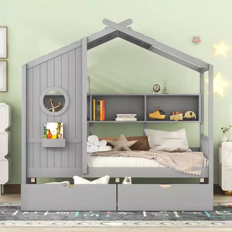 Letto per bambini e letto a casetta Whisen Twin Size, letto a casetta con 2 cassetti, ripiano portaoggetti