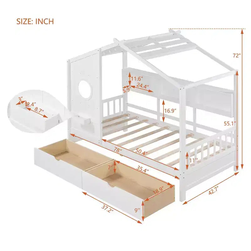 Letto per bambini e letto a casetta Whisen Twin Size, letto a casetta con 2 cassetti, ripiano portaoggetti