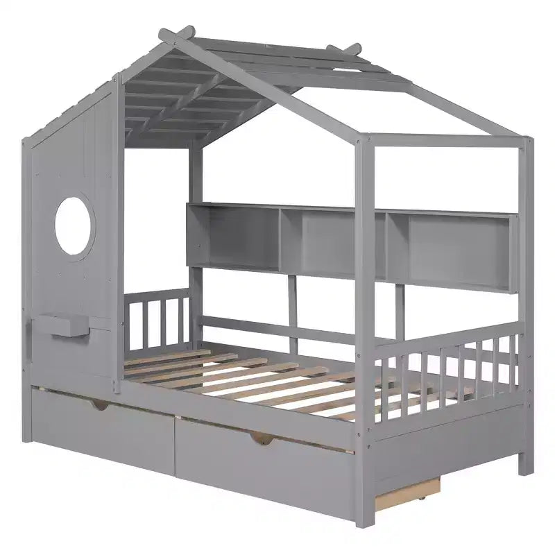 Letto per bambini e letto a casetta Whisen Twin Size, letto a casetta con 2 cassetti, ripiano portaoggetti