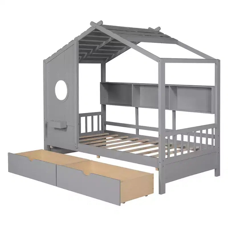 Letto per bambini e letto a casetta Whisen Twin Size, letto a casetta con 2 cassetti, ripiano portaoggetti