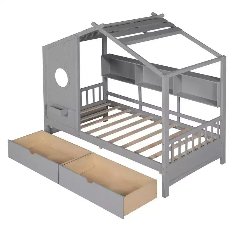 Letto per bambini e letto a casetta Whisen Twin Size, letto a casetta con 2 cassetti, ripiano portaoggetti