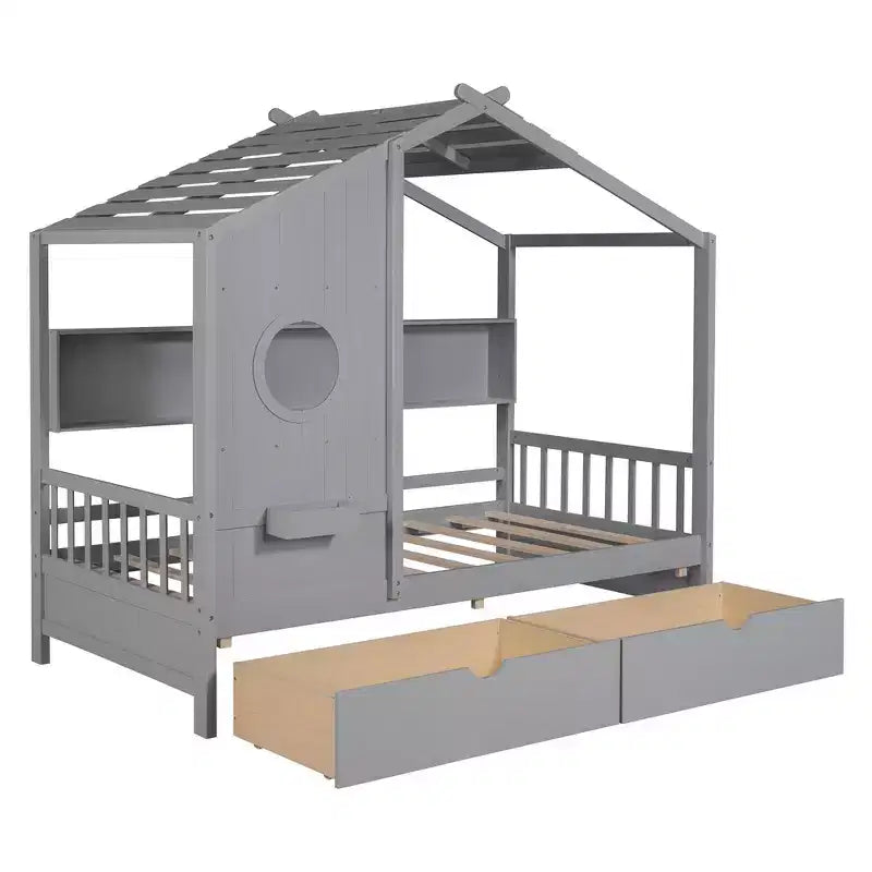 Letto per bambini e letto a casetta Whisen Twin Size, letto a casetta con 2 cassetti, ripiano portaoggetti