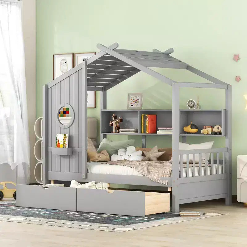 Whisen Twin Size House Bed & Kids Bed, Playhouse Bed with 2 Drawers, Storage Shelf