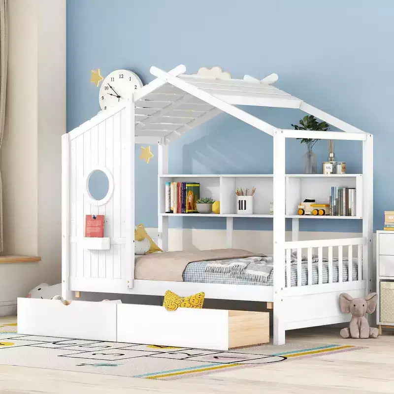 Lit cabane et lit enfant Whisen une place, lit cabane avec 2 tiroirs, étagère de rangement