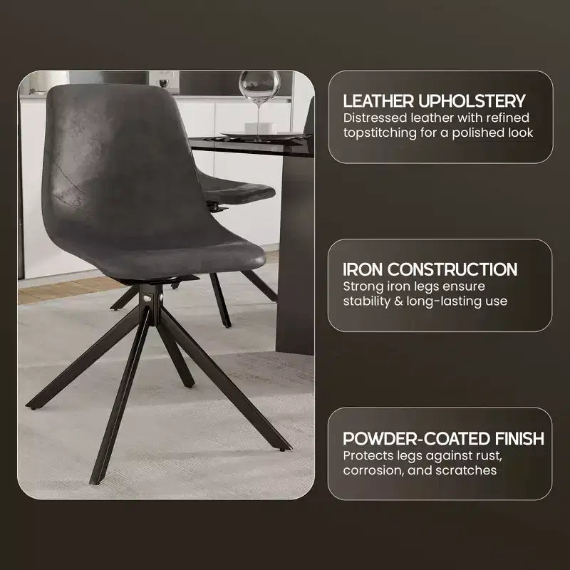 Chaise de salle à manger en cuir LeisureMod avec pivotement à 360 degrés et pieds en fer thermolaqué