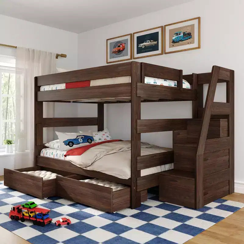 Modern Farmhouse Queen Over Queen Bunk Bed With Staircase and Storage Drawers