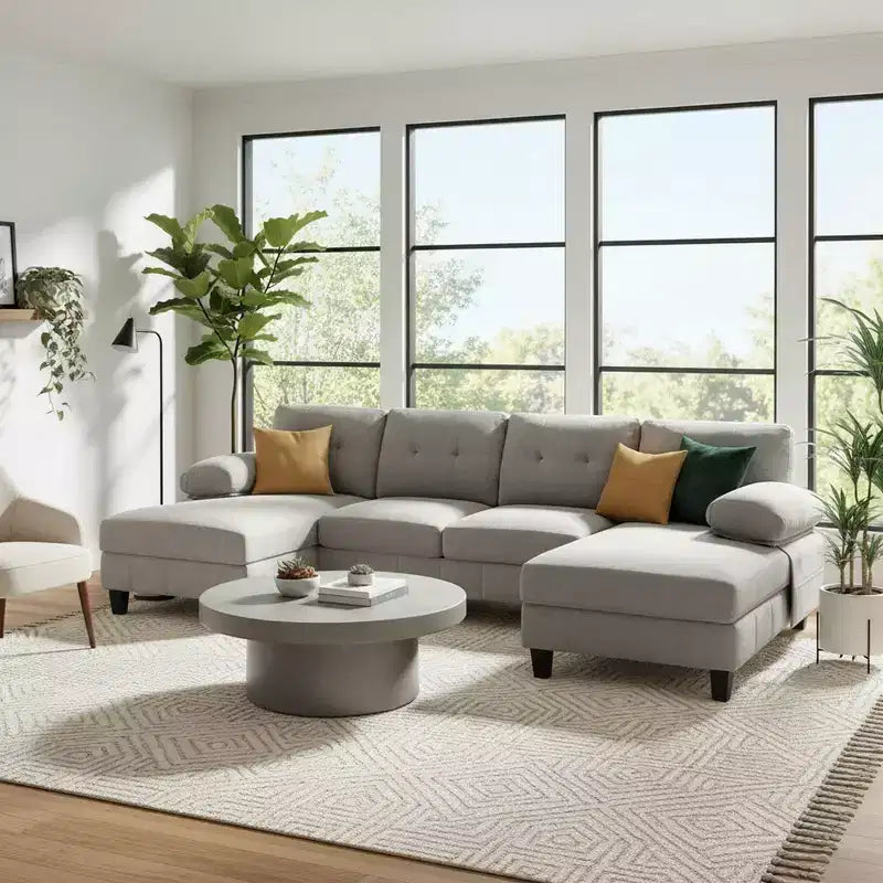 Homy Casa U-Shaped Sectional Sofa with Storage Pockets and Armrest Pillows, Modern 6-Seat Living Room Couch, Grey
