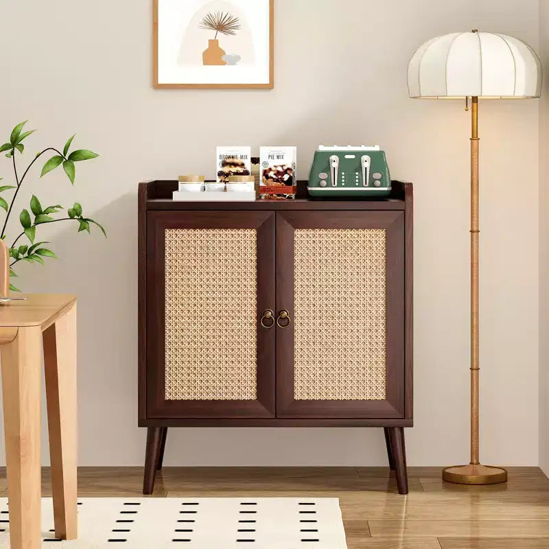 Madia Credenza JVNOXK con Contenitore, Mobile Bar per Liquori con Ante in Rattan, Ingresso, Noce