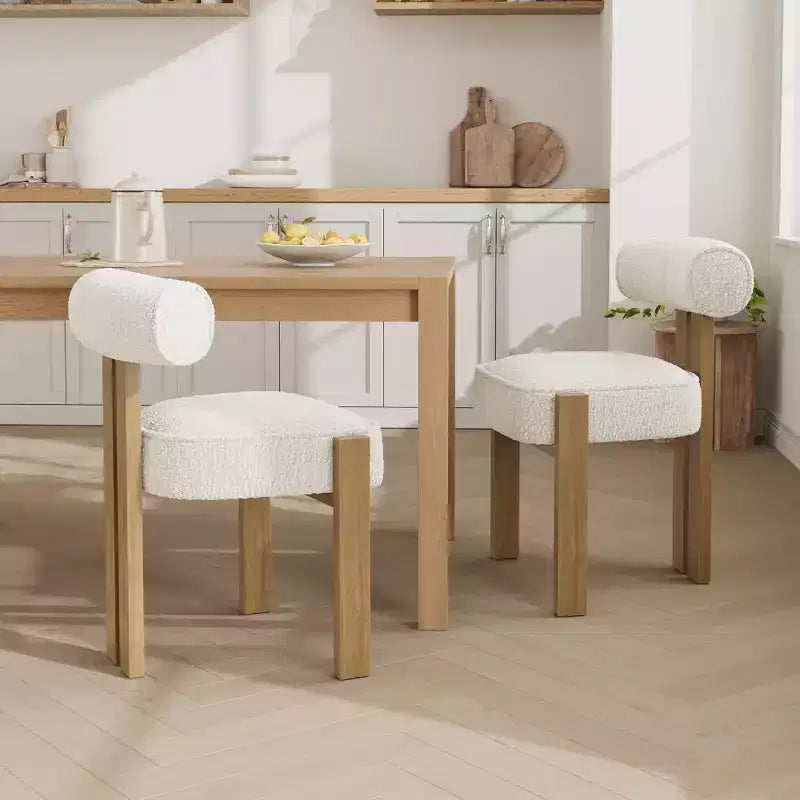 Lot de 2 chaises de salle à manger modernes en bouclette, chaises de salle à manger rembourrées avec pieds en bois d'hévéa et dossier incurvé ergonomique pour salle à manger ou salon