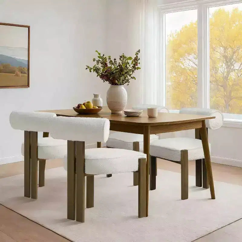 Lot de 2 chaises de salle à manger modernes en bouclette, chaises de salle à manger rembourrées avec pieds en bois d'hévéa et dossier incurvé ergonomique pour salle à manger ou salon