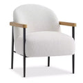 Modern Accent Chair, White Comfy Chair with Teddy Fabric, Wood Arms, Metal Frame & Adjustable Feet, Mid Century Modern Chair for Living Room