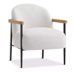 Modern Accent Chair, White Comfy Chair with Teddy Fabric, Wood Arms, Metal Frame & Adjustable Feet, Mid Century Modern Chair for Living Room