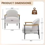 Fauteuil d'appoint moderne, Fauteuil confortable blanc en tissu bouclette, accoudoirs en bois, cadre en métal et pieds réglables, Fauteuil moderne du milieu du siècle pour le salon