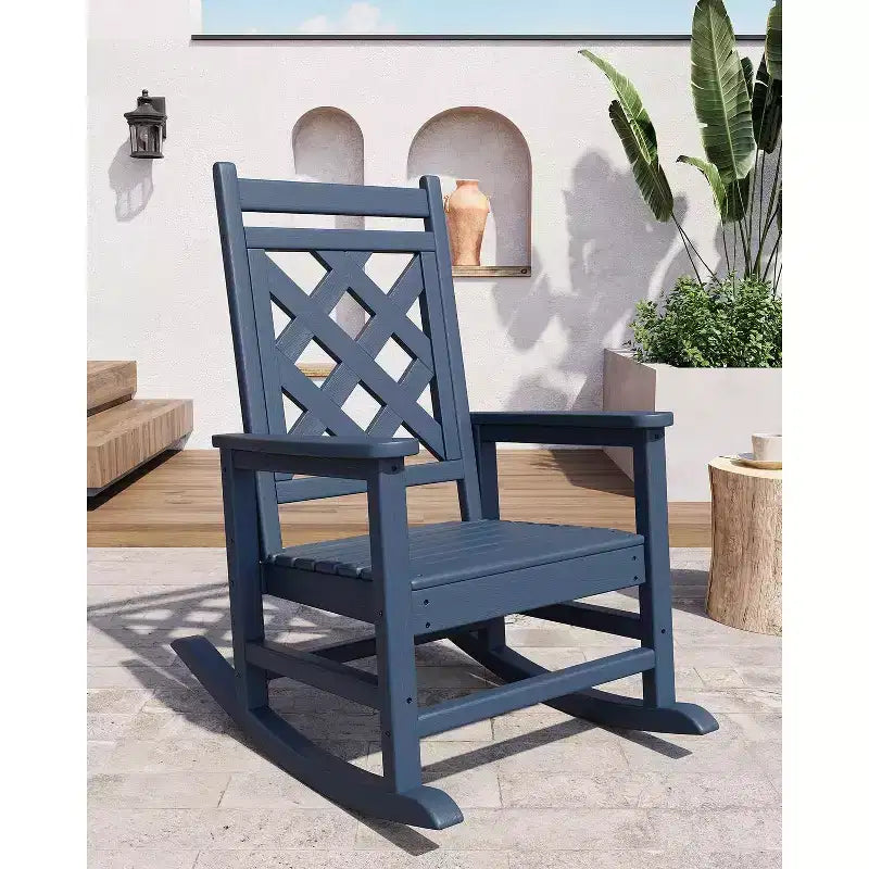 Sedia a Dondolo da Esterno, Sedia a Dondolo da Giardino in HDPE Resistente alle Intemperie con Texture Legno e Supporto da 172 kg per Terrazza, Piscina, Cortile