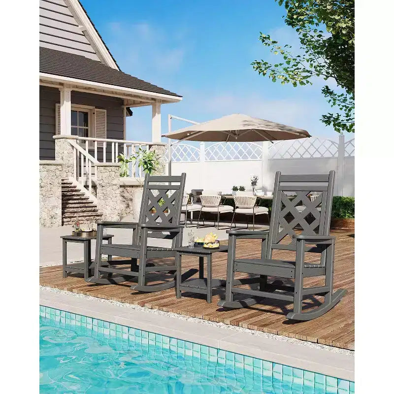 Sedia a Dondolo da Esterno, Sedia a Dondolo da Giardino in HDPE Resistente alle Intemperie con Texture Legno e Supporto da 172 kg per Terrazza, Piscina, Cortile