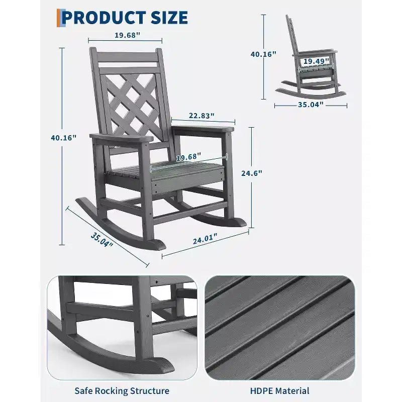 Sedia a Dondolo da Esterno, Sedia a Dondolo da Giardino in HDPE Resistente alle Intemperie con Texture Legno e Supporto da 172 kg per Terrazza, Piscina, Cortile