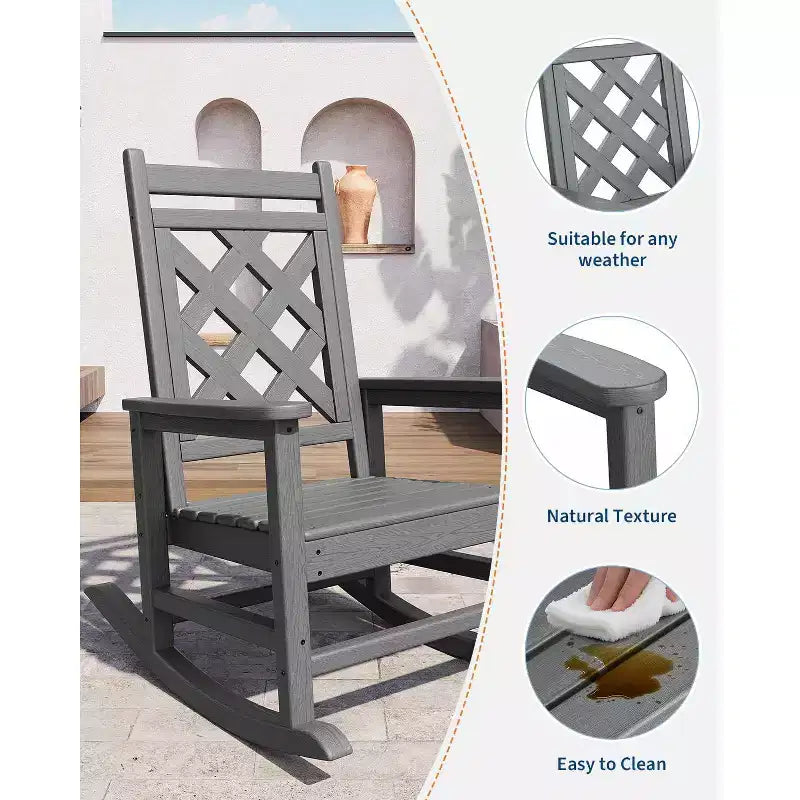 Sedia a Dondolo da Esterno, Sedia a Dondolo da Giardino in HDPE Resistente alle Intemperie con Texture Legno e Supporto da 172 kg per Terrazza, Piscina, Cortile