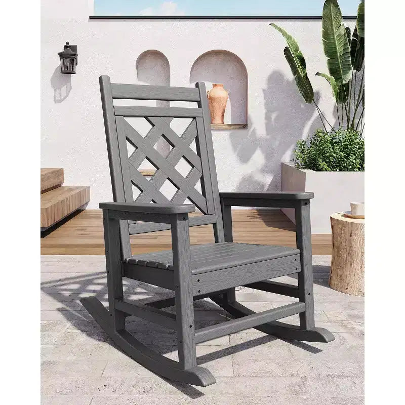 Sedia a Dondolo da Esterno, Sedia a Dondolo da Giardino in HDPE Resistente alle Intemperie con Texture Legno e Supporto da 172 kg per Terrazza, Piscina, Cortile