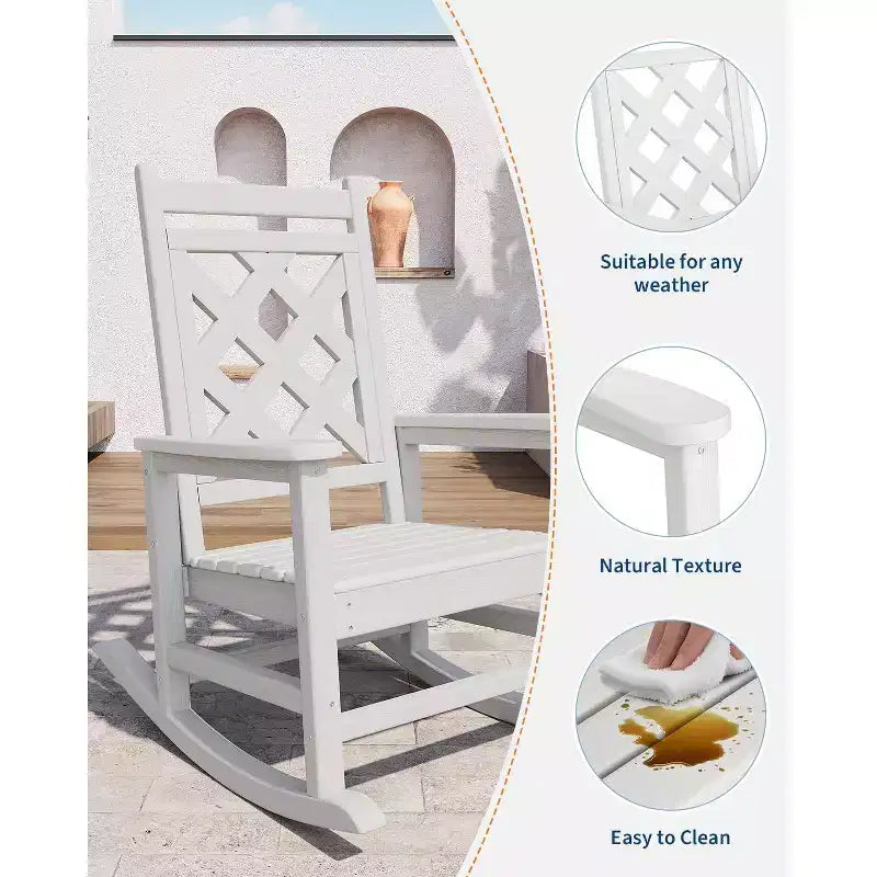 Sedia a Dondolo da Esterno, Sedia a Dondolo da Giardino in HDPE Resistente alle Intemperie con Texture Legno e Supporto da 172 kg per Terrazza, Piscina, Cortile