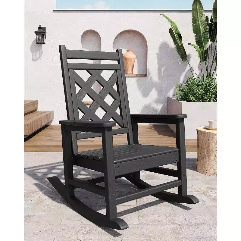 Sedia a Dondolo da Esterno, Sedia a Dondolo da Giardino in HDPE Resistente alle Intemperie con Texture Legno e Supporto da 172 kg per Terrazza, Piscina, Cortile