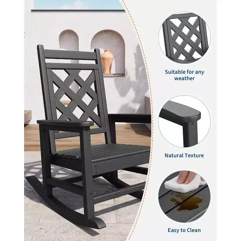 Sedia a Dondolo da Esterno, Sedia a Dondolo da Giardino in HDPE Resistente alle Intemperie con Texture Legno e Supporto da 172 kg per Terrazza, Piscina, Cortile