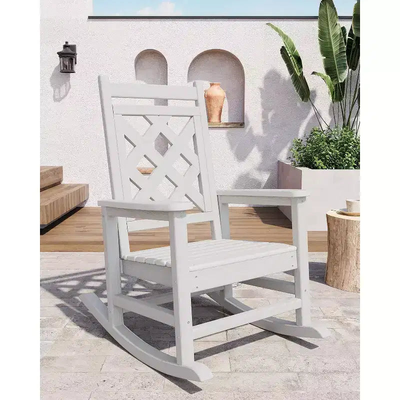 Sedia a Dondolo da Esterno, Sedia a Dondolo da Giardino in HDPE Resistente alle Intemperie con Texture Legno e Supporto da 172 kg per Terrazza, Piscina, Cortile