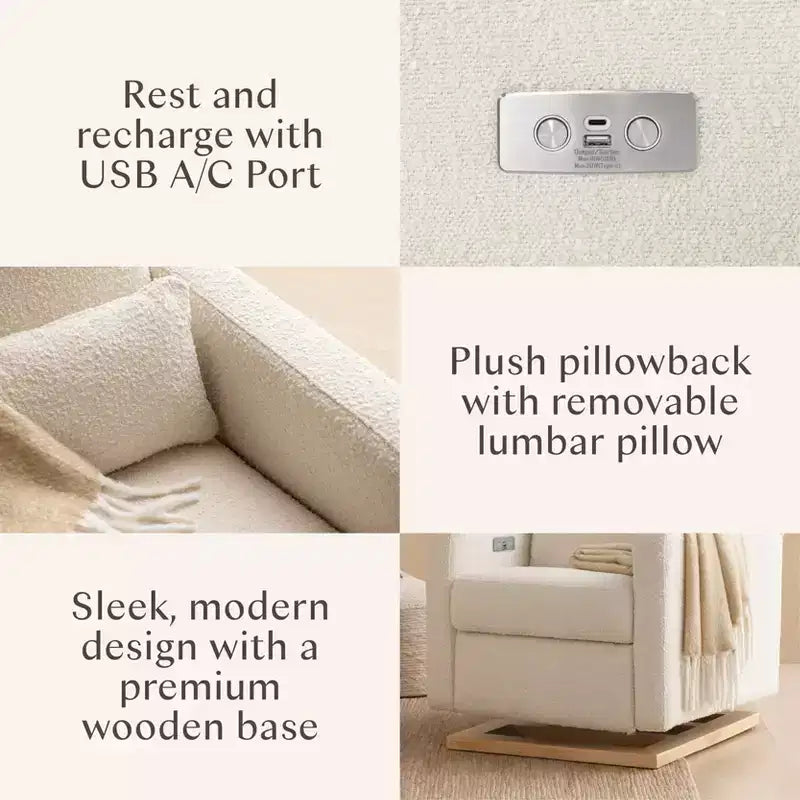 Fauteuil inclinable et planeur électronique Babyletto Sigi avec port USB | Base en bois clair